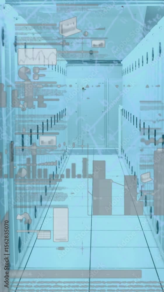 Poster animation of financial data processing and mathematical equations over server room