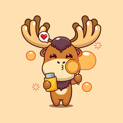 Cute moose blowing bubbles cartoon vector illustration