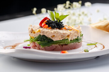 Two-flavored tuna on a white porcelain plate
