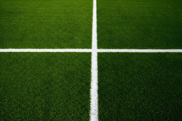 Fototapeta premium a well-maintained green grass field with a thick white line running horizontally across the center. wallpaper, Thick horizontal white painted line is running across green grass turf in flat vector