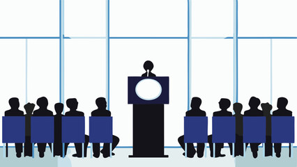 Silhouette of a speaker at a podium addressing an audience in front of a large window background scene
