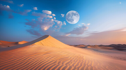 Desert landscape featuring sand dunes under a blue sky with clouds and a full moon at dusk or dawn