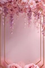 Pink rose gold floral wedding stage background, pink and white color scheme, golden frame with pink flowers, delicate texture