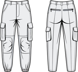 Front and back technical flat sketch vector illustration of cargo jogger pants with zipper pockets, knee panels, elastic cuff, modern fashion design