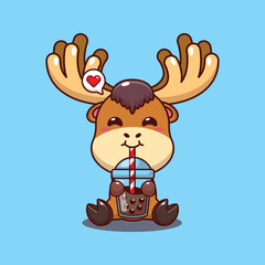 Cute moose drink bubble milk tea cartoon vector illustration