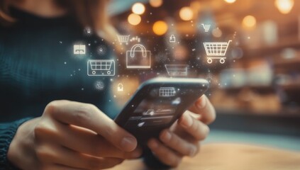 Close-up of hands holding a phone, with e-commerce icons overlayed