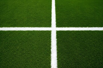 Obraz premium a green grass field with a thick white line running horizontally across the center. wallpaper, Thick horizontal white painted line is running across green grass turf in flat vector illustration