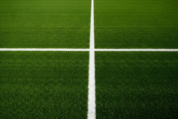 Obraz premium a green grass field with a thick white line running horizontally across the center. Thick horizontal white painted line is running across green grass turf in flat vector illustration, wallpaper,