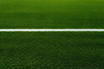 Obraz premium a green grass field with a thick white line running horizontally across the center. wallpaper, Thick horizontal white painted line is running across green grass turf in flat vector illustration