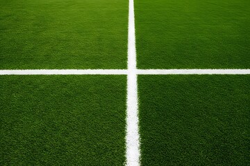 Obraz premium Thick horizontal white painted line is running across green grass turf in flat vector illustration, wallpaper, a green grass field with a thick white line running horizontally across the center. 