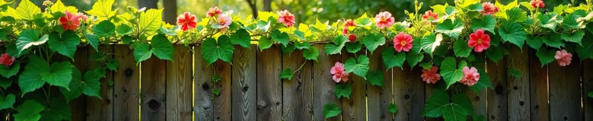 Summer Blooms Cascading Over Rustic Fence Vibrant Green Vines in Warm Sunlight