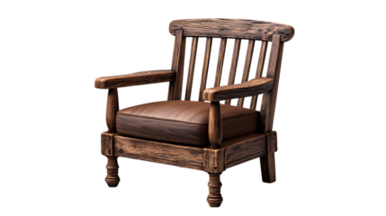 Rustic wooden armchair with padded seat and backrest on a black background