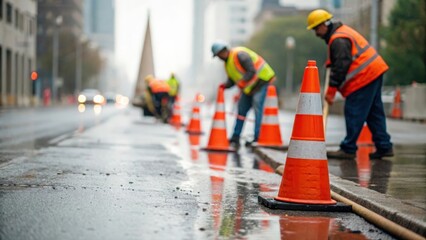 Blurred construction zone with workers in safety vests installing cones on wet urban roadway during roadwork project	
