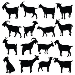 Diverse goat silhouettes are artfully arranged in this animal illustration, portraying varied poses for creative farm themes.