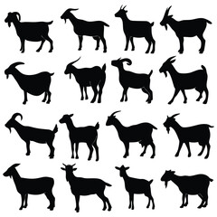 Silhouette goats stand together in various poses, perfect for farm illustrations or animal related graphic designs on a white background.