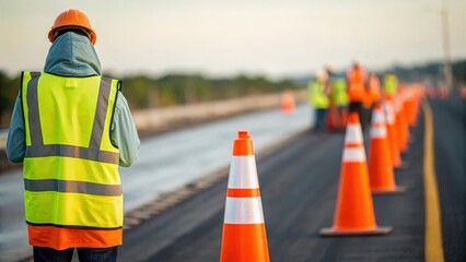 Blurred background featuring roadwork activity and safety equipment marking project boundaries	
