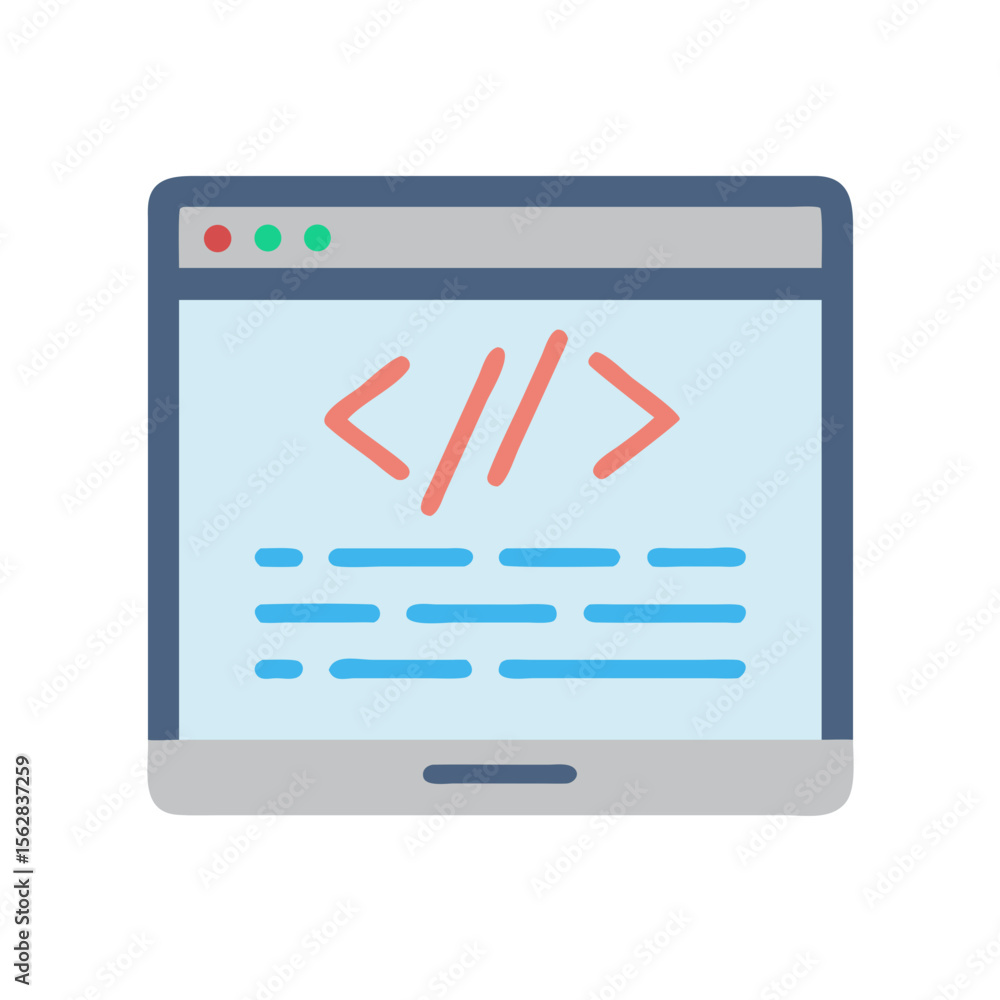 Poster minimalist coding window illustration with code icon and lines