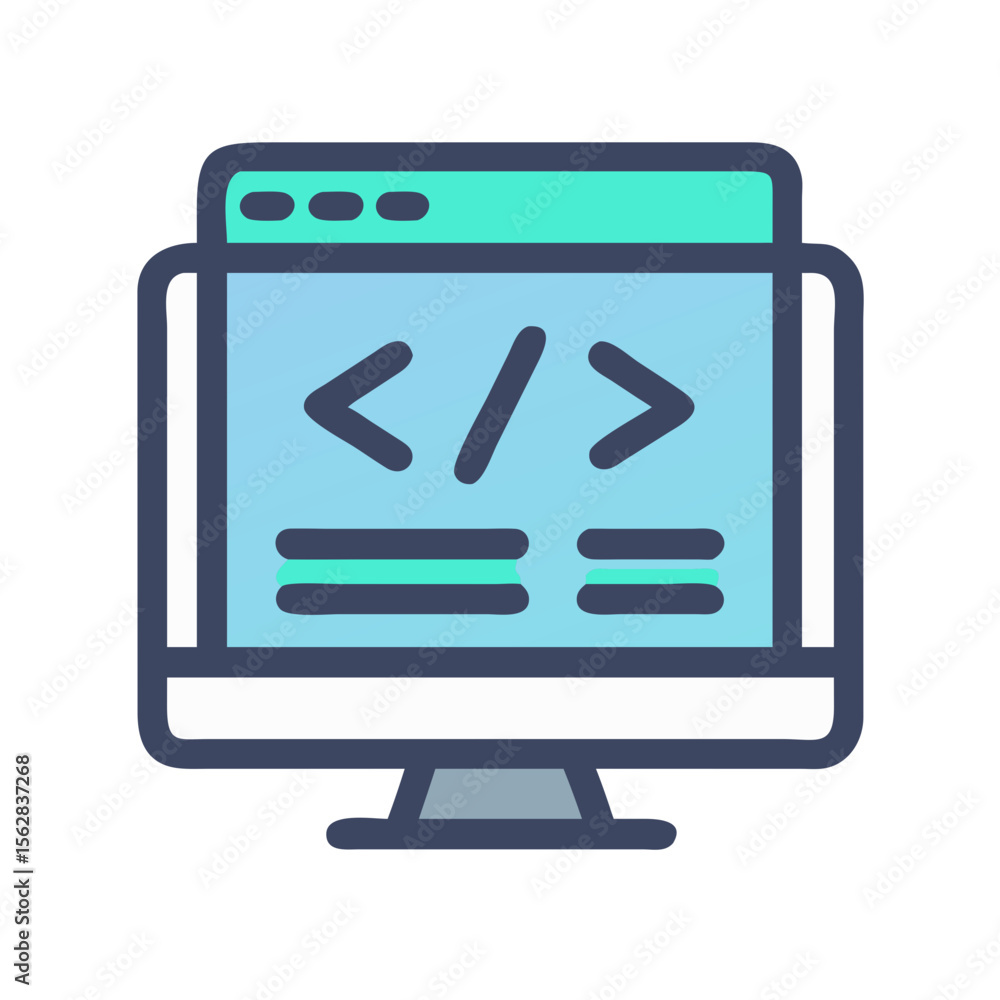 Poster computer screen with coding symbols flat vector illustration