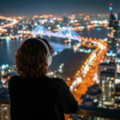 Fototapeta premium Nighttime City View with Person Wearing Headphones on Rooftop