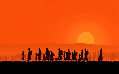 Silhouetted refugee families symbolize global displacement this World Refugee Day. High quality