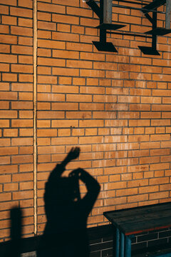 Shadow play on a textured brick wall during evening light
