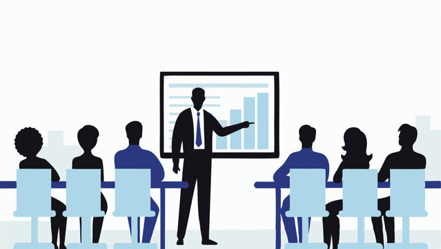 A business presentation with a presenter pointing to a bar graph and audience sitting at tables watching