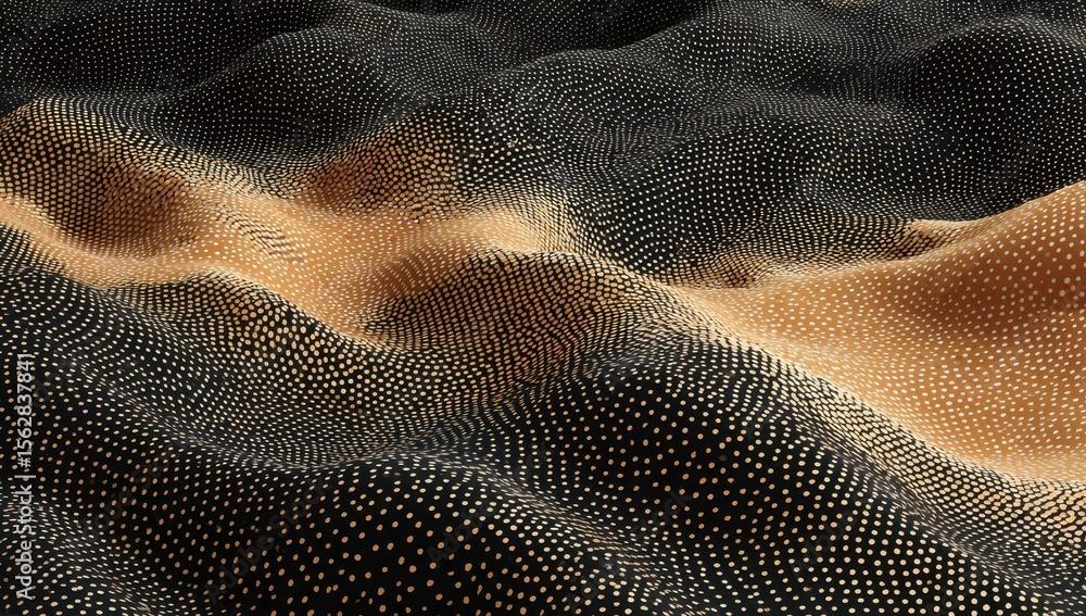 Poster Abstract undulating landscape of dark and light orange, composed of densely packed tiny dots, creating a textured, wave-like pattern