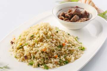 French-style iron plate fried rice with assorted vegetables served in exquisite tableware