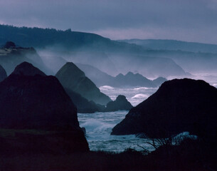 Northern California coastline morning autumn strong surf fog film