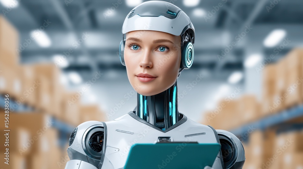 Poster a humanoid robot holds a clipboard in a warehouse setting, showcasing advanced technology and automa