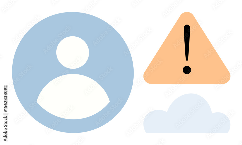 Poster user profile icon next to a caution sign over a cloud. ideal for digital safety, alerts, error repor