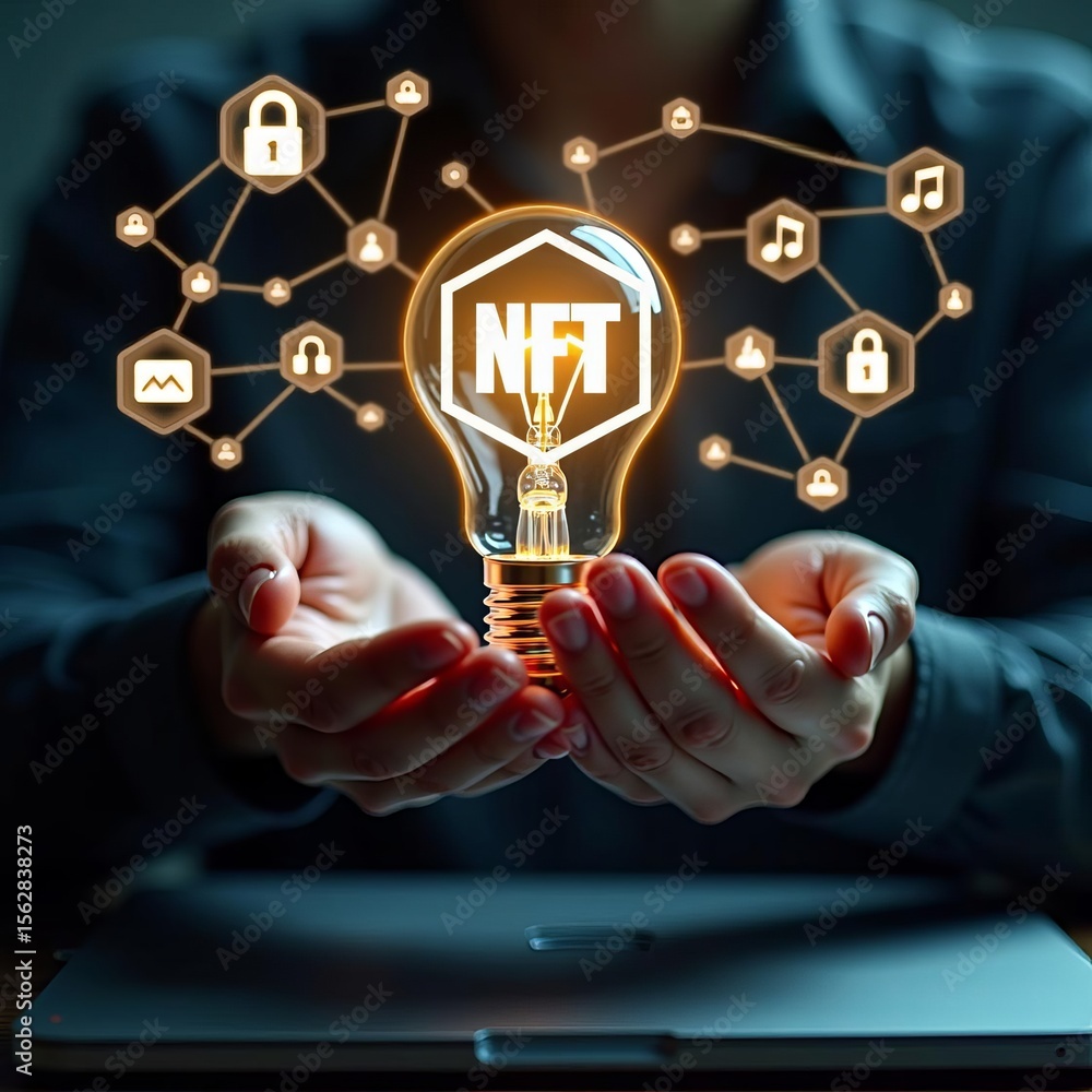 Poster nft innovation and digital creativity concept with glowing lightbulb in hands and blockchain network