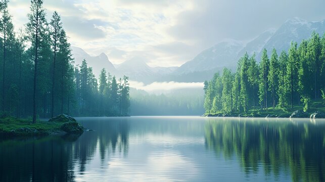 Serene landscape of a tranquil lake surrounded by lush green pine trees.