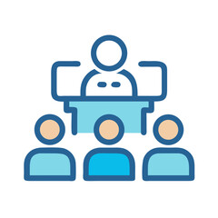 Conference with speaker and audience depicted in simple illustration