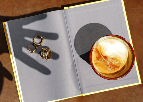 coffee and book flat lay