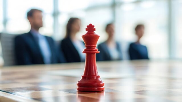 Blurred team watching as leader implements key solution with red queen chess piece in foreground	
