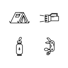 Vector cute icon set of hiking, camping, traveling equipment. vector black and white PNG outline icons.