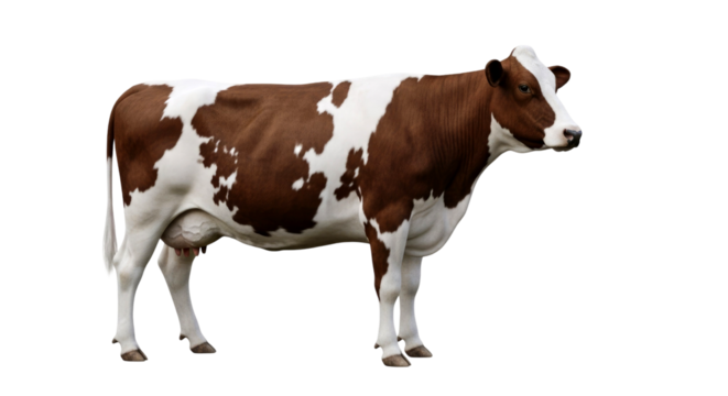 Close-up view of a brown and white cow, showcasing its unique markings and serene expression. A captivating image of farm life.
