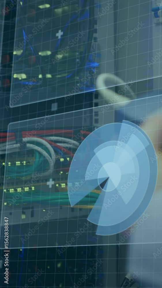 Poster animation of data processing over caucasian server room worker