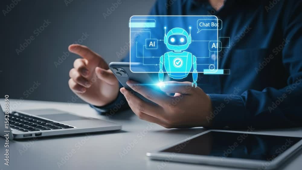 Poster person using smartphone with ai chatbot interface on screen near laptop and tablet on desk top view