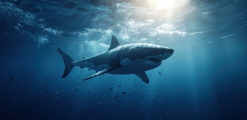 Fototapeta premium Great white shark in deep blue ocean