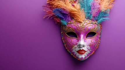 Ornate purple Venetian mask with colorful feathers