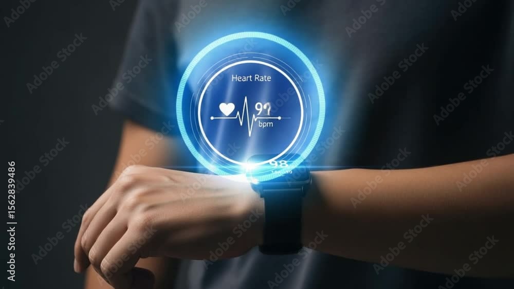Poster person checking heart rate on smartwatch with blue holographic display showing pulse and bpm data