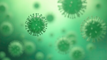3D render of green virus particles floating in a greenish background