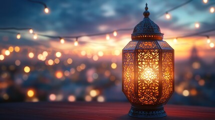 Ornate lantern illuminated at dusk