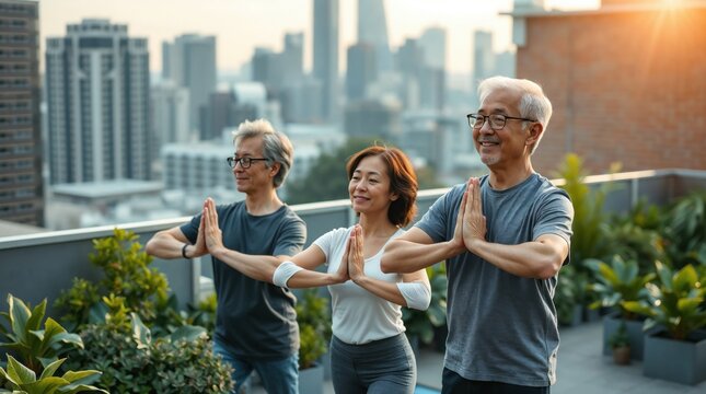 enior Asian Adults Practicing Yoga and Tai Chi on Urban Rooftop Garden