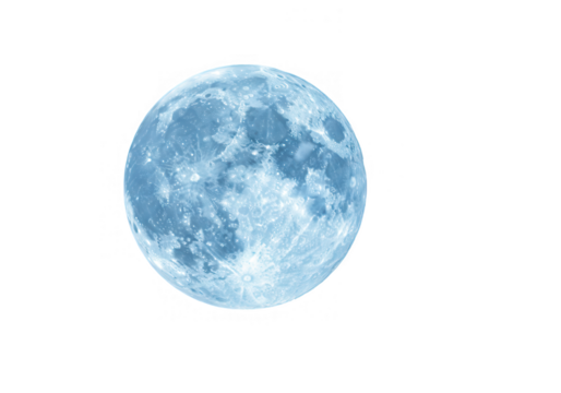 A blue moon with detailed surface texture isolated on transparent background, evoking a celestial and mystical atmosphere