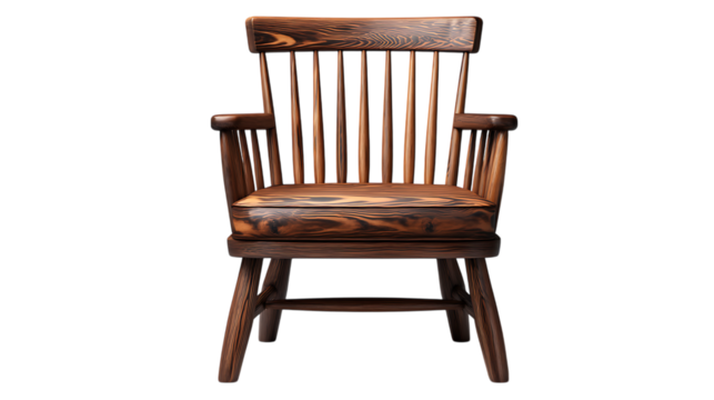 Rustic wooden armchair with a spindle back and carved seat presented against a black background