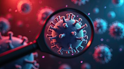 3D illustration of a virus cell viewed through a magnifying glass