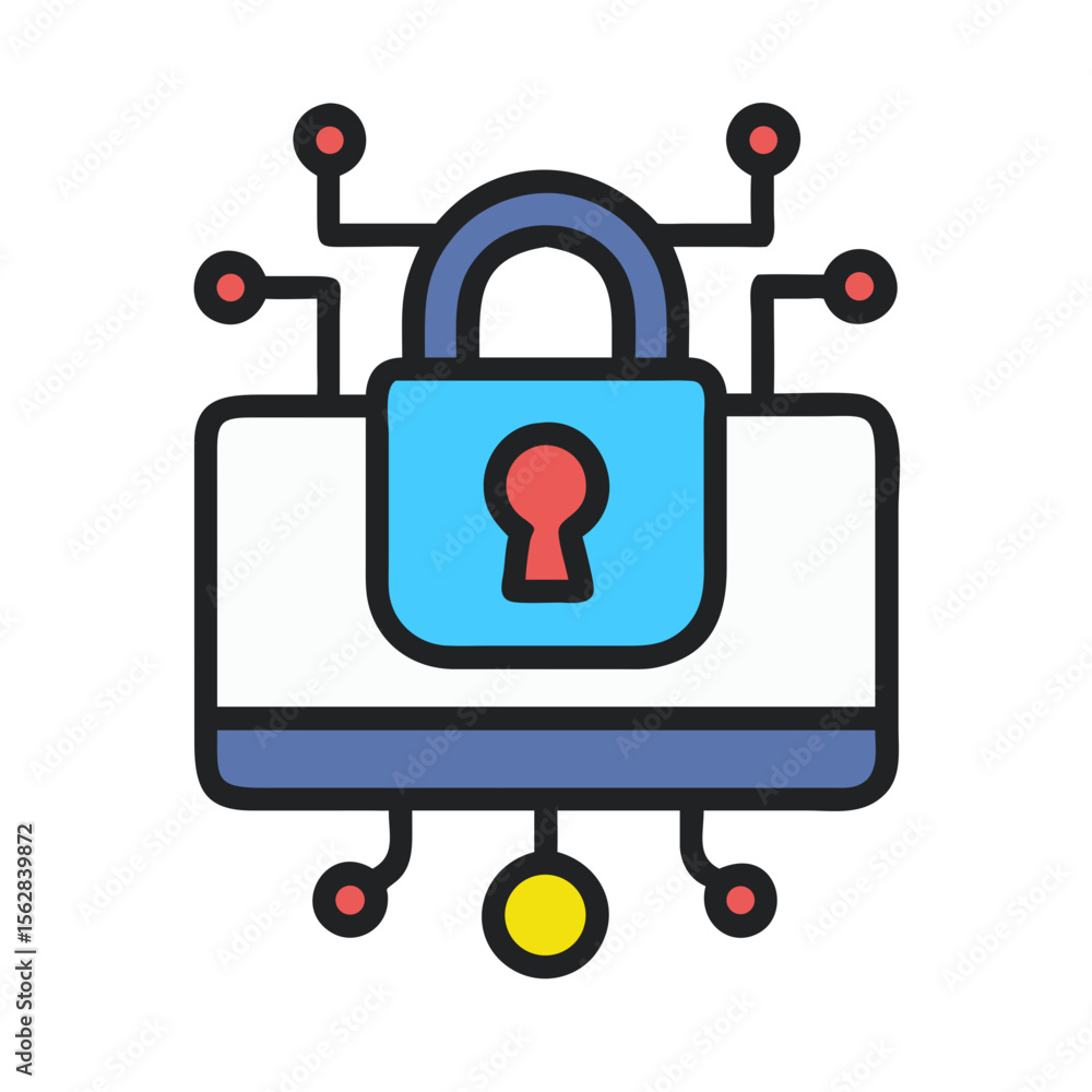 Poster secured computer icon with network connections flat design style